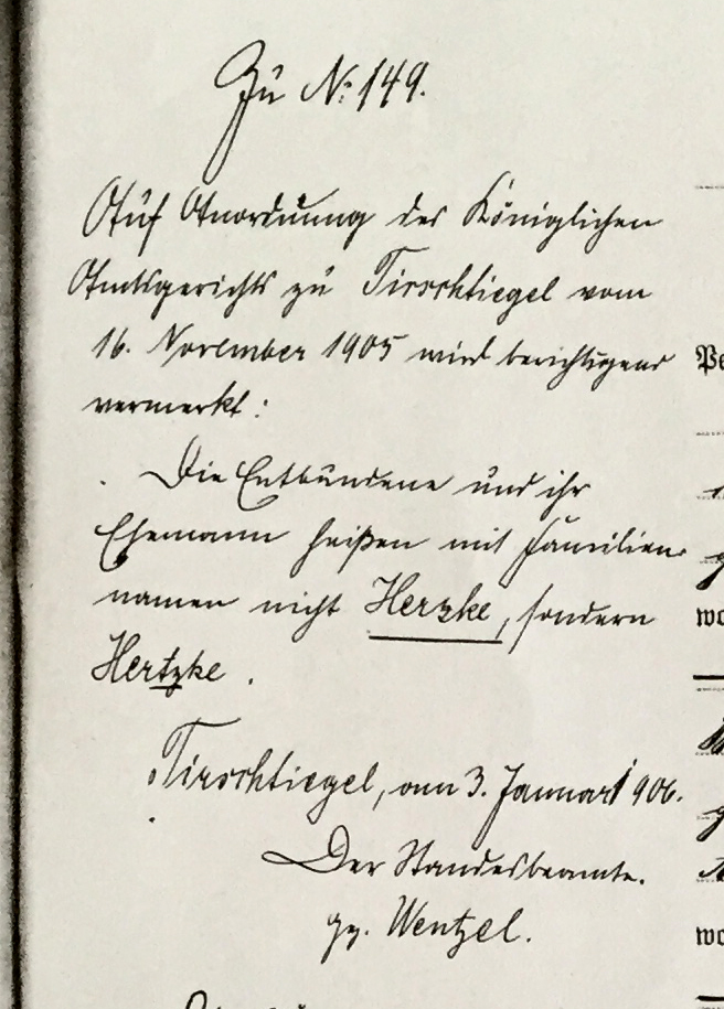 Correction of the surname Hertzke with t from 1905